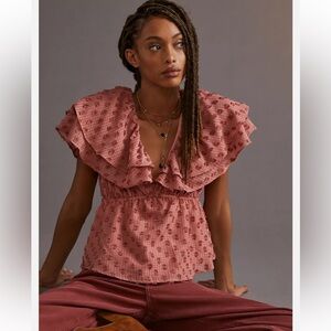 Flat White Anthropologie Pinky Blouse Size 1X Textured Ruffle plus size coquette